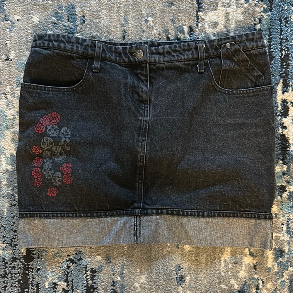 Black Denim Skirt with Red Floral Embroidery